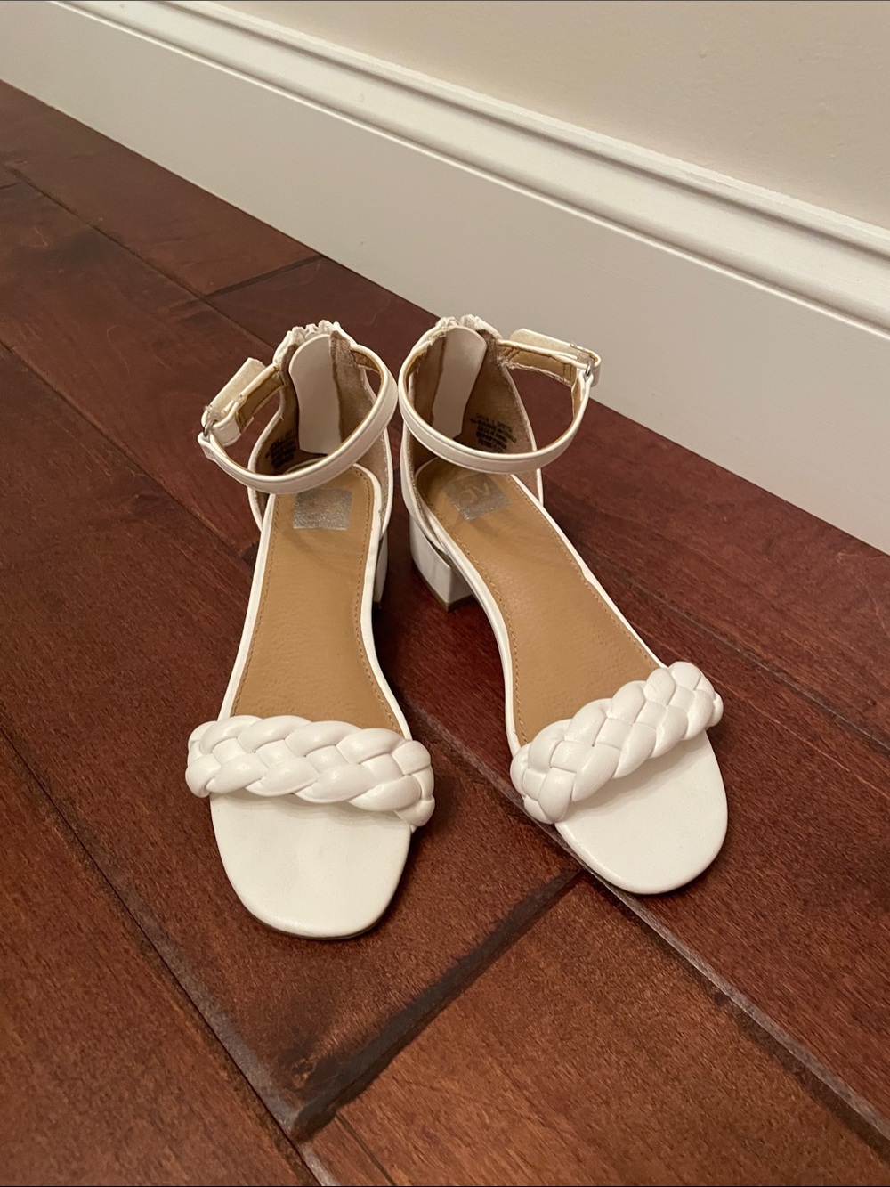 Crown Vintage White Braided Ankle Strap Block Heel Sandals